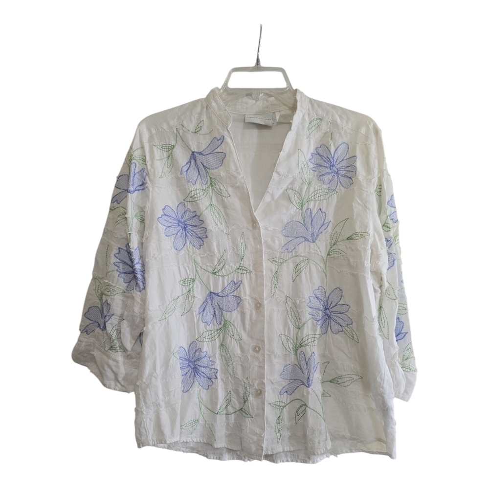 Alfred Dunner Cotton Embroidered Button Down Top 12 White Blue/Green Embroidery